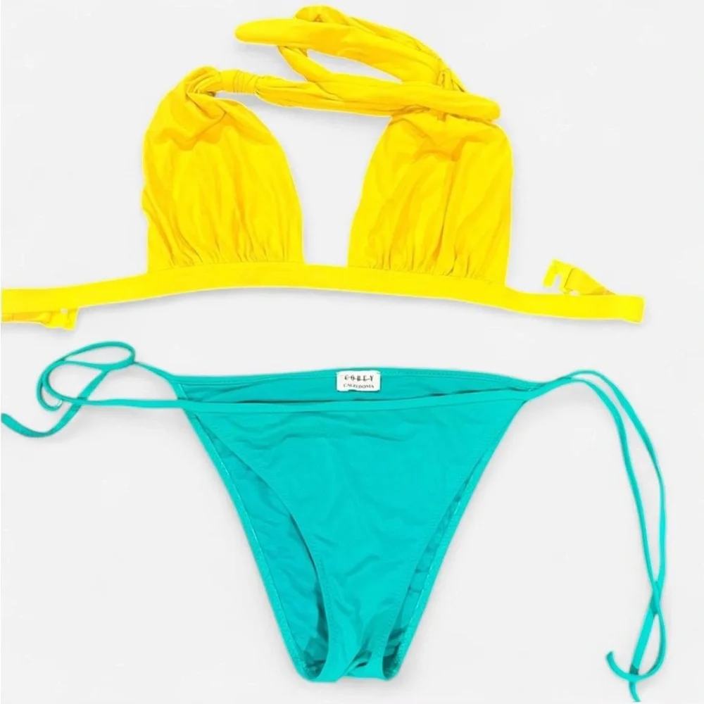 Vintage y2k Calzedonia 3-piece Triangle String Bikini Set in Yellow & Turquoise